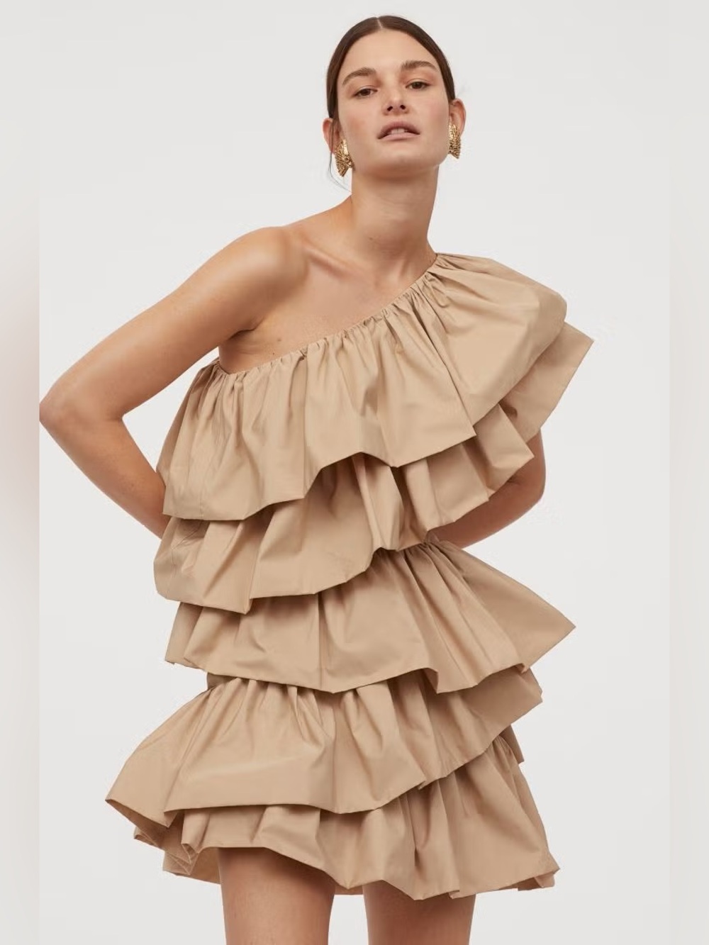 One-Shoulder Tiered Ruffle Mini Dress in Beige